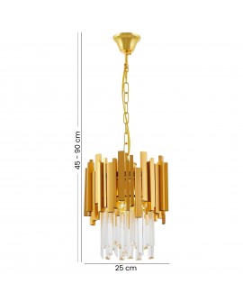 Żyrandol w złotej oprawie z kryształowymi detalami, regulowana wysokość 45-90 cm, luksusowe oświetlenie do przestronnych wnętrz.