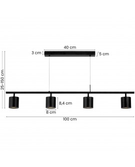 lampa wisząca czarna Bolt W4 od Lampit z czterema cylindrycznymi kloszami, długość 100 cm, regulowana wysokość 25-150 cm