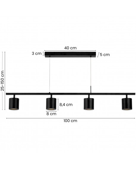 lampa wisząca czarna Bolt W4 od Lampit z czterema cylindrycznymi kloszami, długość 100 cm, regulowana wysokość 25-150 cm