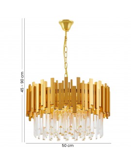 Lampa wisząca z kryształowymi zwisami i złotą oprawą, regulowana wysokość 45-90 cm, elegancka do nowoczesnych wnętrz.