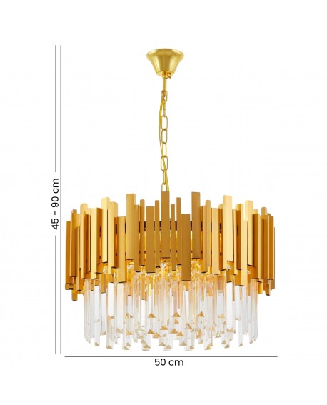 Lampa wisząca z kryształowymi zwisami i złotą oprawą, regulowana wysokość 45-90 cm, elegancka do nowoczesnych wnętrz.