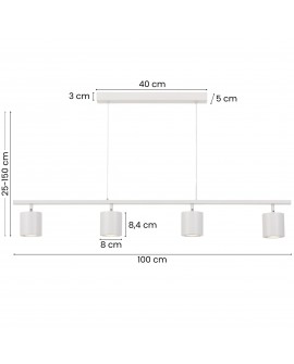 lampa wisząca biała Bolt W4 od Lampit z czterema cylindrycznymi kloszami, długość 100 cm, regulowana wysokość 25-150 cm