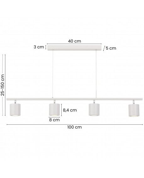 lampa wisząca biała Bolt W4 od Lampit z czterema cylindrycznymi kloszami, długość 100 cm, regulowana wysokość 25-150 cm