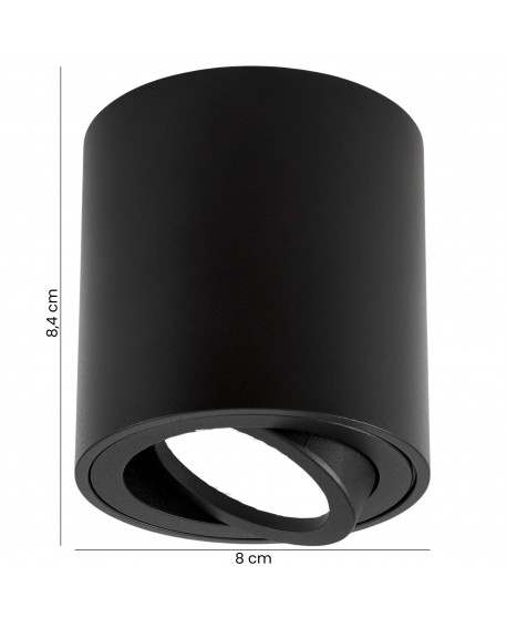Lampa sufitowa Lampit, czarny cylinder o wymiarach 8 cm średnicy i 8,4 cm wysokości, z regulowanym kierunkiem światła.