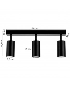 nowoczesna lampa sufitowa czarna Lampit NEO W3 z trzema regulowanymi punktami świetlnymi, wymiary 38 cm x 16,5 cm