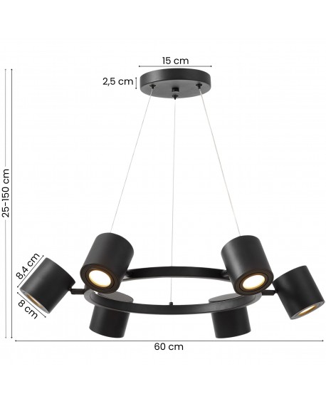 czarna lampa wisząca Bolt W6 od Lampit z regulowaną wysokością 25 - 150 cm i reflektorami 