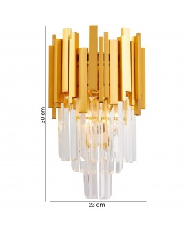 złoty kinkiet ścienny kryształowy z pionowych metalowych listew i przezroczystych szklanych rurek lampa Lampit o wysokości 30 cm