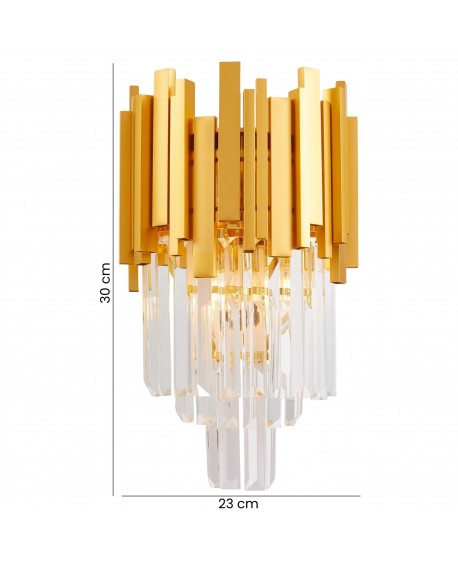 złoty kinkiet ścienny kryształowy z pionowych metalowych listew i przezroczystych szklanych rurek lampa Lampit o wysokości 30 cm