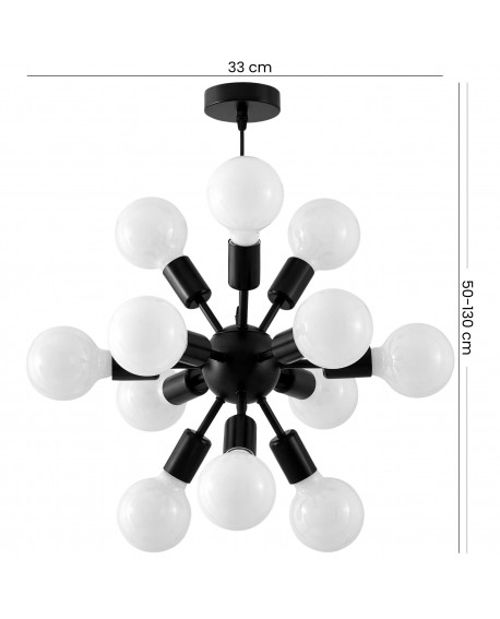 czarna lampa wisząca widok od dołu rozgałęziona forma z dwunastoma białymi kulami średnica 33 cm regulowana wysokość Lampit NOVA
