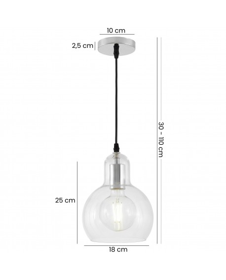 chromowana lampa wisząca z przezroczystym kloszem średnica 18 cm wysokość klosza 25 cm zwis 30-110 cm Lampit model MORO 1A