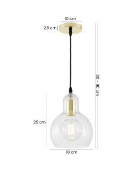 złota lampa wisząca z przezroczystym kloszem średnica 18 cm wysokość klosza 25 cm zwis 30-110 cm lampa Lampit MORO 1A