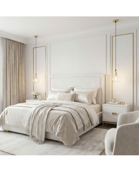 designerska lampa wisząca złote wykończenie nad łóżkiem miękkie światło do sypialni model MORO 1A elegancka oprawa producent Lam