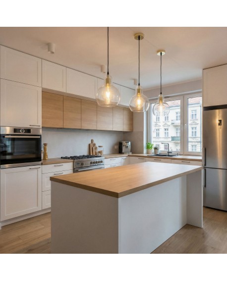 lampa wisząca złota nad wyspą kuchenną szklane klosze dekoracyjne oświetlenie MORO 1A nowa kolekcja marki Lampit