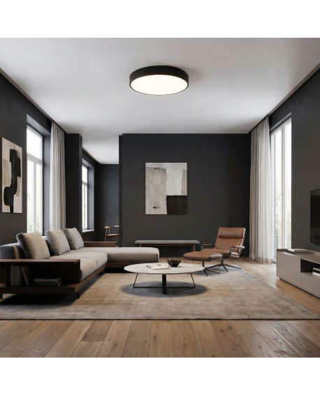 czarna lampa sufitowa plafon w salonie z szarą sofą okrągłe oświetlenie sufitowe ORBO D50 elegancka oprawa światła Lampit