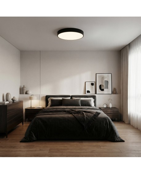 nowoczesna lampa sufitowa czarna w sypialni nad łóżkiem okrągły plafon ORBO D50 eleganckie oświetlenie wnętrza Lampit