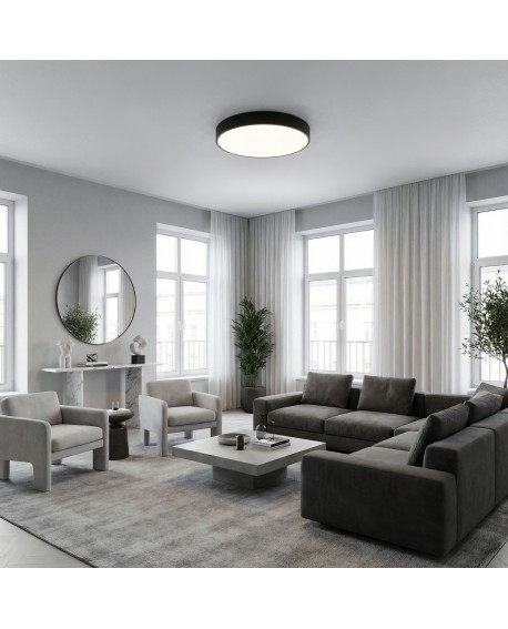 okrągły plafon sufitowy czarny w jasnym salonie przy dużych oknach stylowa lampa ORBO D50 dekoracyjne światło Lampit