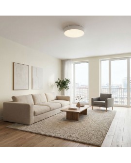 minimalistyczny plafon biały w salonie z jasną sofą nowoczesna oprawa sufitowa ORBO D50 funkcjonalne światło marki Lampit