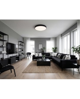 czarna lampa sufitowa plafon w salonie z czarną sofą nowoczesne okrągłe oświetlenie ORBO D60 elegancka oprawa Lampit