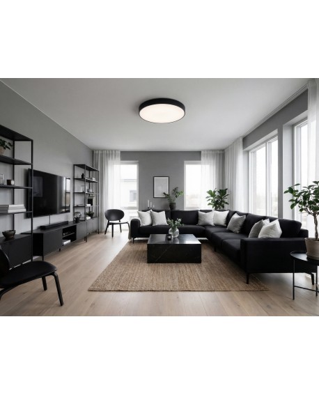 czarna lampa sufitowa plafon w salonie z czarną sofą nowoczesne okrągłe oświetlenie ORBO D60 elegancka oprawa Lampit