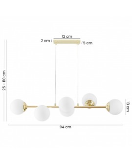 lampa wisząca FINO W6 od Lampit klasyczne złoto sześć mlecznych kul długość 94 cm wysokość 25 do 110 cm średnica klosza 13 cm