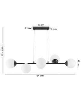 lampa wisząca FINO W6 od Lampit w czarnym kolorze sześć mlecznych kul długość 94 cm wysokość 25 do 110 cm średnica klosza 13cm