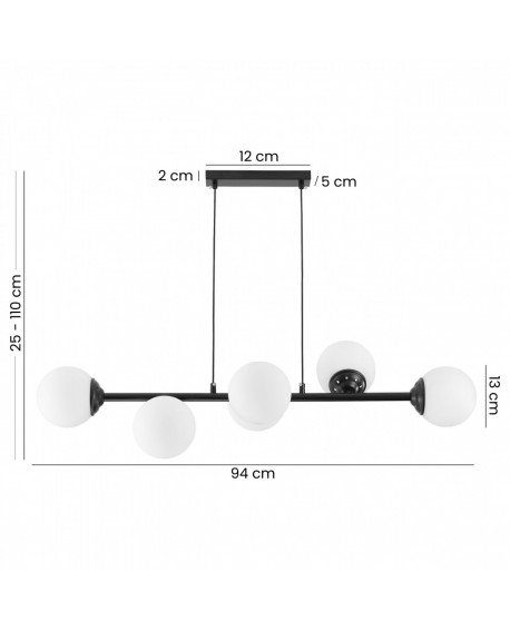 lampa wisząca FINO W6 od Lampit w czarnym kolorze sześć mlecznych kul długość 94 cm wysokość 25 do 110 cm średnica klosza 13cm