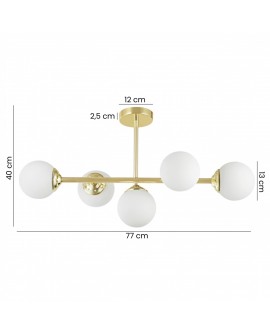 lampa wisząca FINO W5 od Lampit klasyczne złoto pięć mlecznych kul długość 77 cm wysokość 40 cm średnica klosza 13 cm