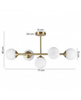 lampa wisząca FINO W5 od Lampit szczotkowane złoto pięć mlecznych kul długość 77 cm wysokość 40 cm średnica klosza 13 cm