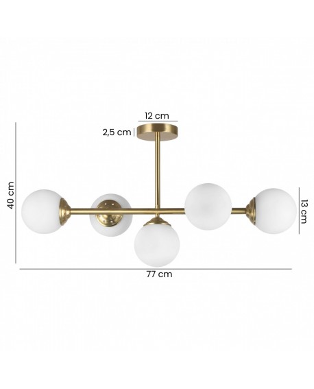 lampa wisząca FINO W5 od Lampit szczotkowane złoto pięć mlecznych kul długość 77 cm wysokość 40 cm średnica klosza 13 cm