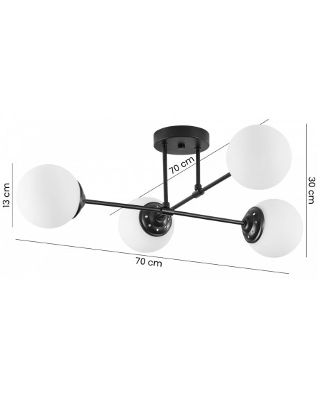 lampa wisząca FINO W4 od Lampit w czarnym kolorze cztery mleczne kule szerokość 70 cm wysokość 30 cm średnica klosza 13 cm