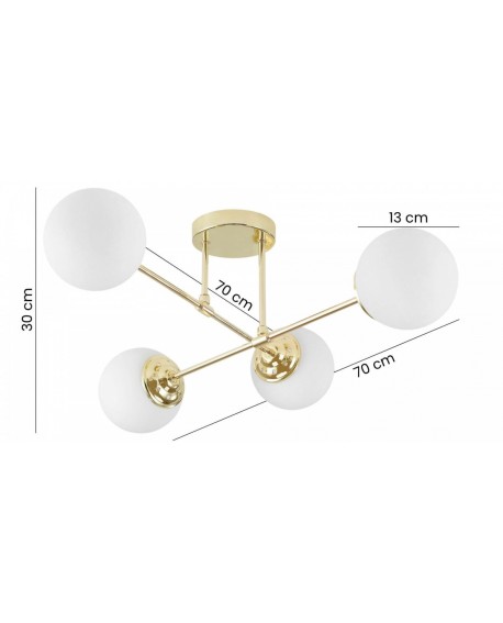 lampa wisząca FINO W4 od Lampit klasyczne złoto cztery mleczne kule szerokość 70 cm wysokość 30 cm średnica klosza 13 cm