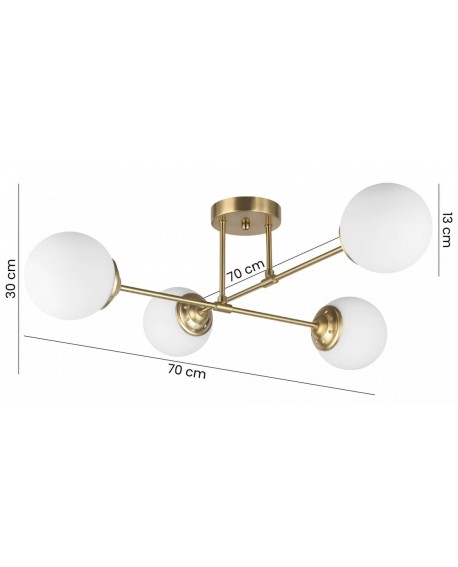 lampa wisząca FINO W4 od Lampit szczotkowane złoto cztery mleczne kule szerokość 70 cm wysokość 30 cm średnica klosza 13 cm
