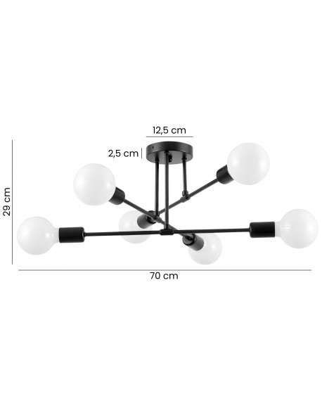 lampa sufitowa NOVA W6 od Lampit czarna sześć mlecznych kul szerokość 70 cm wysokość 29 cm średnica podsufitki 12,5 cm