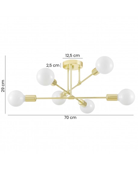lampa sufitowa NOVA W6 od Lampit klasyczne złoto sześć mlecznych kul szerokość 70 cm wysokość 29 cm średnica podsufitki 12,5 cm