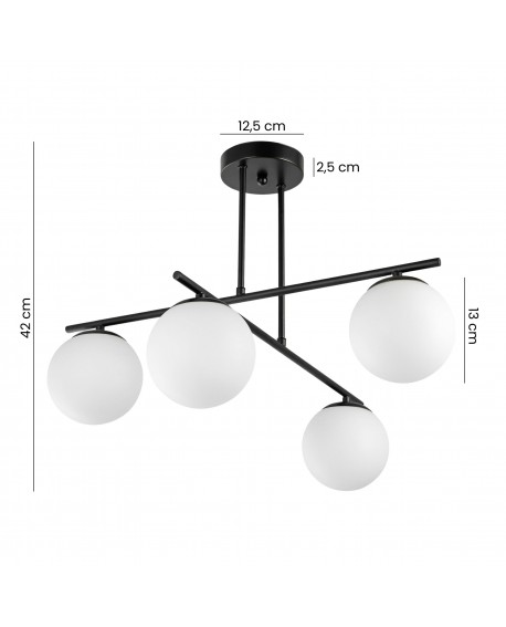 lampa wisząca LEDO W4 od Lampit czarna cztery mleczne kule szerokość 70 cm wysokość 42 cm średnica podsufitki 12,5 cm