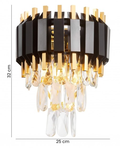 kinkiet kryształowy RIVO W2 marki Lampit czarno złoty o wysokości 32 cm z dekoracyjnymi soplami szkła