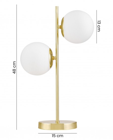 nowoczesna lampa biurkowa TESO W2 marki Lampit w kolorze klasyczne złoto o wysokości 48 cm z dwiema kulami