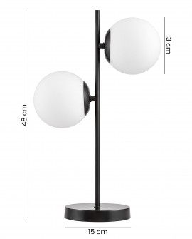 nowoczesna lampa biurkowa TESO W2 marki Lampit w czarnym kolorze o wysokości 48 cm z dwiema kulami 13 cm