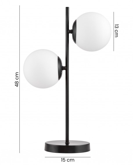 nowoczesna lampa biurkowa TESO W2 marki Lampit w czarnym kolorze o wysokości 48 cm z dwiema kulami 13 cm