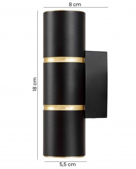 czarny kinkiet ścienny ASTI W2 marki Lampit o wysokości 18 cm i szerokości 8 cm ze złotymi pierścieniami