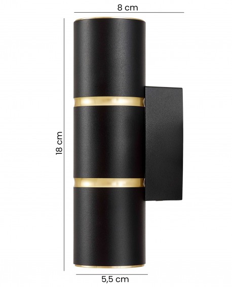 czarny kinkiet ścienny ASTI W2 marki Lampit o wysokości 18 cm i szerokości 8 cm ze złotymi pierścieniami