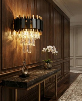 kinkiet kryształowy RIVO W2 marki Lampit w kolorze czarno złotym z wiszącymi szklanymi soplami do salonu