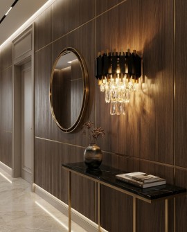 kinkiet kryształowy RIVO W2 marki Lampit w kolorze czarno złotym z wiszącymi szklanymi soplami do salonu