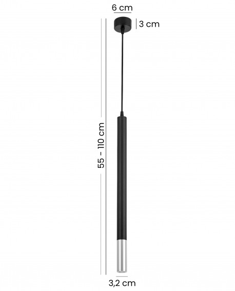 lampa wisząca tuba czarna z chromowanym zakończeniem smukłe oświetlenie sufitowe z regulacją wysokości Slim W1 marka Lampit nowo