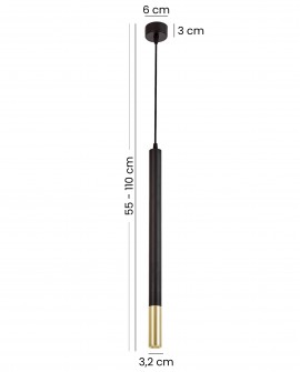 czarna lampa wisząca tuba ze złotym zakończeniem regulowana wysokość 55 do 110 cm nowoczesne oświetlenie sufitowe marka Lampit