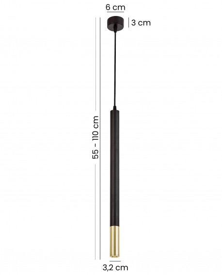 czarna lampa wisząca tuba ze złotym zakończeniem regulowana wysokość 55 do 110 cm nowoczesne oświetlenie sufitowe marka Lampit