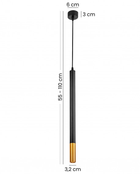 czarna lampa wisząca tuba ze złotym zakończeniem regulowana wysokość 55 do 110 cm smukłe oświetlenie Slim W1 producent Lampit