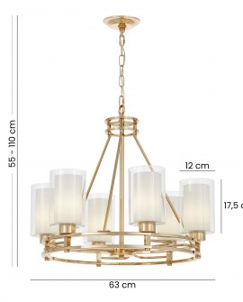  złoty żyrandol wiszący z 6 szklanymi kloszami średnica 63 cm regulowana wysokość 55 - 110 cm Marietta W6 marka Lumina Deco