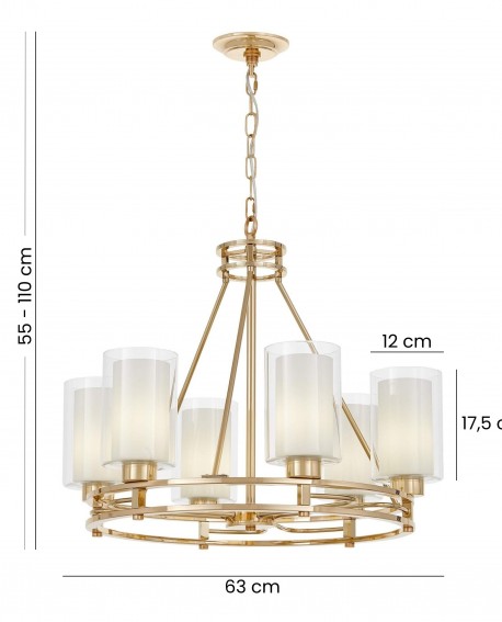  złoty żyrandol wiszący z 6 szklanymi kloszami średnica 63 cm regulowana wysokość 55 - 110 cm Marietta W6 marka Lumina Deco