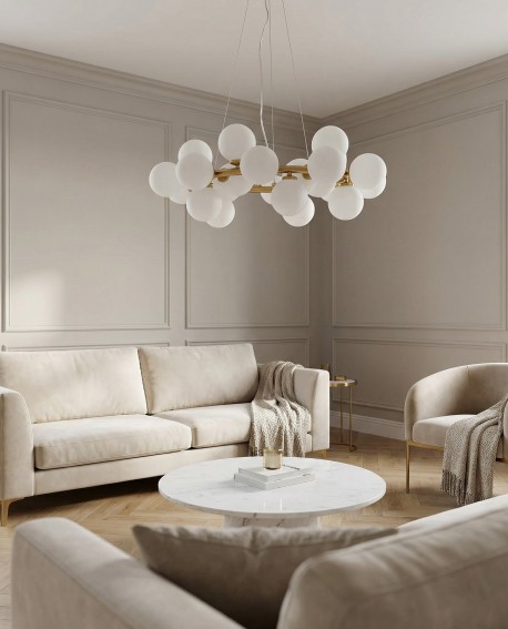 nowoczesna lampa wisząca z kulami szkła w kolorze mosiądzu do salonu model marsiada w25 od producenta lumina deco